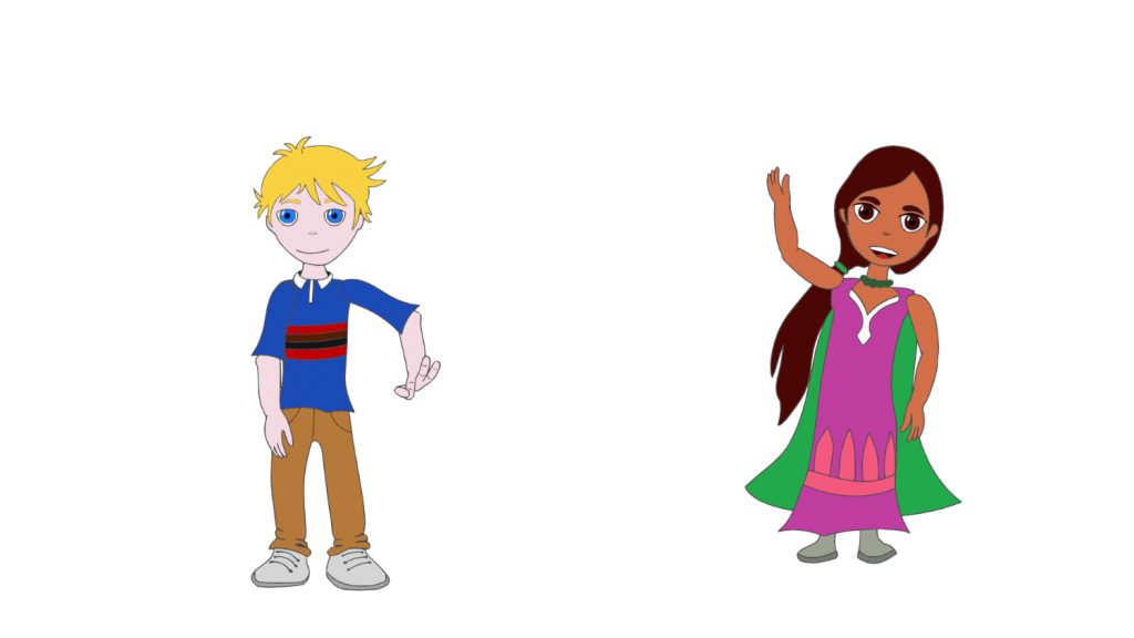Die gezeichneten Figuren Chris und Wafaa. Chris ist ein blonder Junge mit blauem T-Shirt und brauner Hose. Wafaa ist ein Mädchen mit dunkler Haut und braunen Haaren in einem pinkfarbenen Kleid.